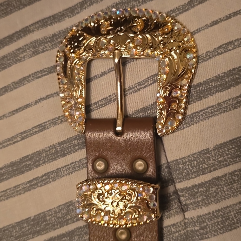 Nocona Rhinestone Belt Womens Large Brown Gold Tone Bling Cowgirl Rodeo‎